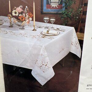 Vintage Tablecloth Madeira Cutwork Beige Brown Flowers 54x70